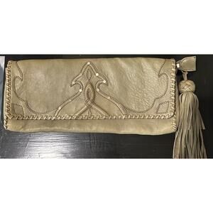 Junior Drake Leather Olive Green Clutch Rectangle Shape with Tassel